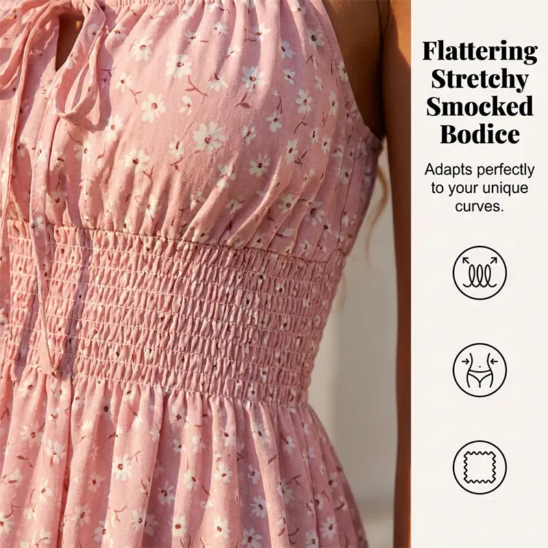 📢📢90% OFF !! ⏰ Tie-Front Smocked Dress – Spaghetti Straps, Ruffle Hem, Flattering Smocked Bodice 🌸
