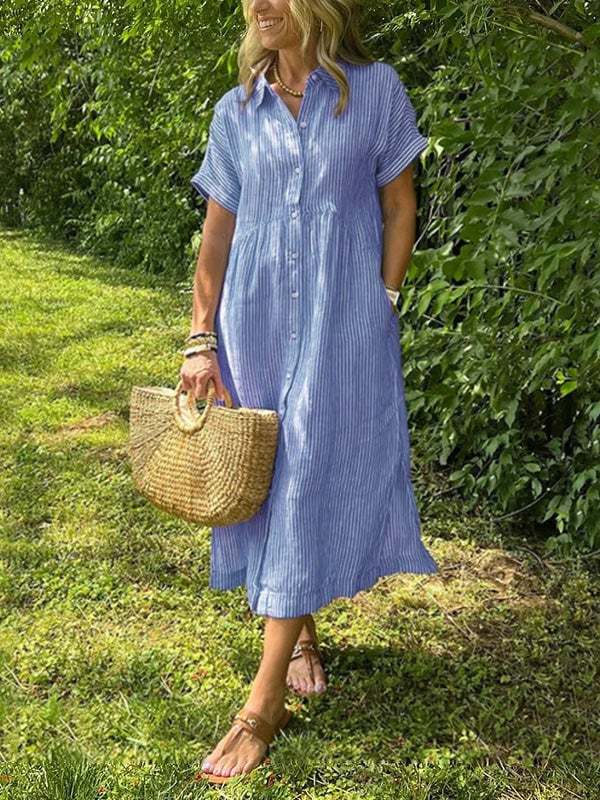 🔥LAST DAY SALE 89% OFF🔥 Striped Lapel Button Down Shirt Dress