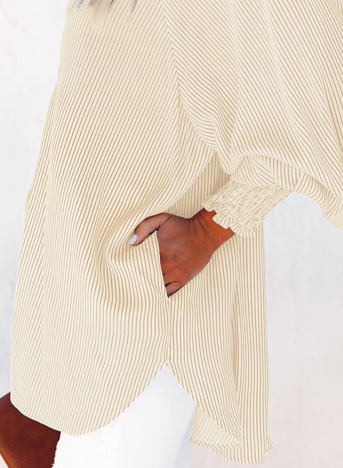Women's Smocked Cuffed Striped Boyfriend Shirt with Pocket Casual Collar Long Sleeve Blouse Tops for Pocket Shirred