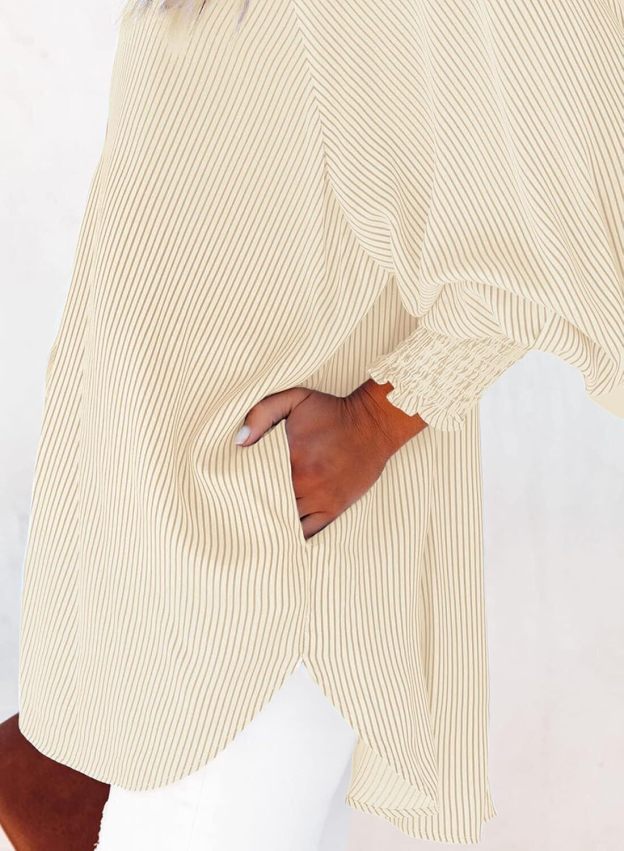 Women's Smocked Cuffed Striped Boyfriend Shirt with Pocket Casual Collar Long Sleeve Blouse Tops for Pocket Shirred