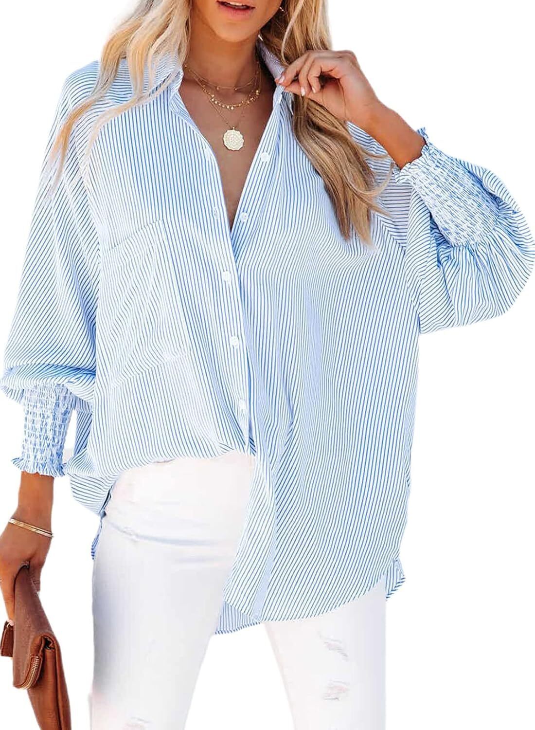 Women's Smocked Cuffed Striped Boyfriend Shirt with Pocket Casual Collar Long Sleeve Blouse Tops for Pocket Shirred