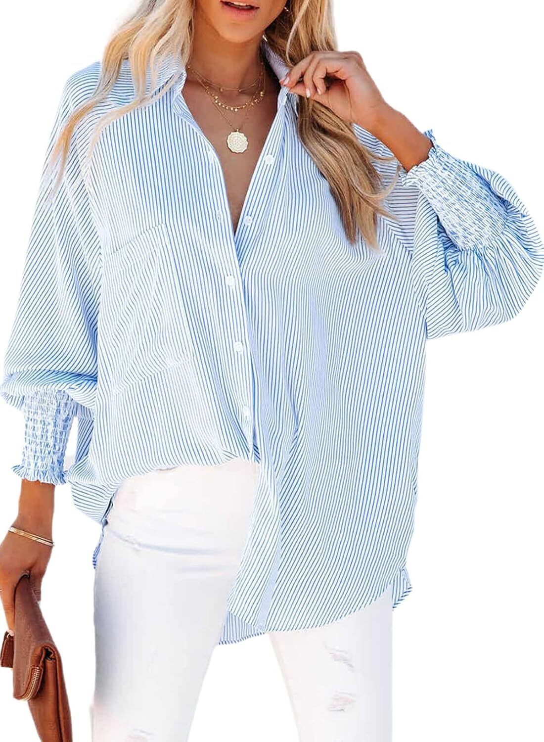 Women's Smocked Cuffed Striped Boyfriend Shirt with Pocket Casual Collar Long Sleeve Blouse Tops for Pocket Shirred