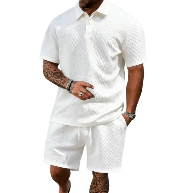 Men's summer casual texture fabric solid color polo shirt T-shirt shorts 2-piece set