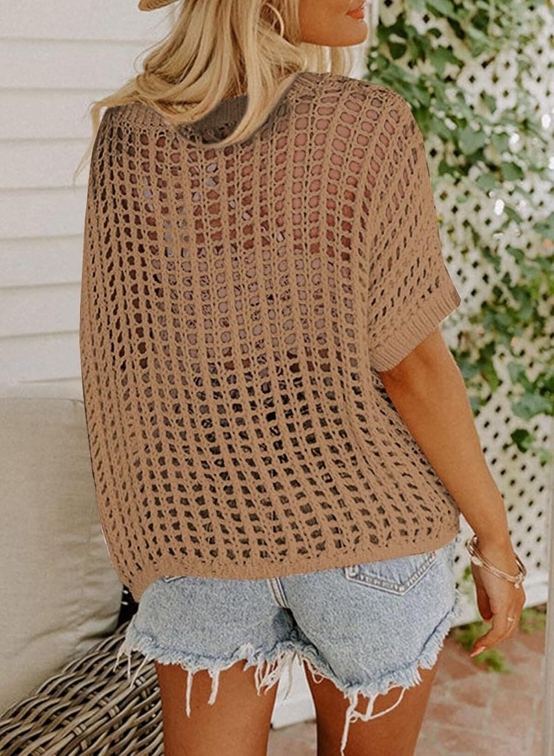 Womens Summer Scoop Neck Short Sleeve Sweater Casual Crochet Hollow Out Knit Tops Pullover Shirts Beach Coverup