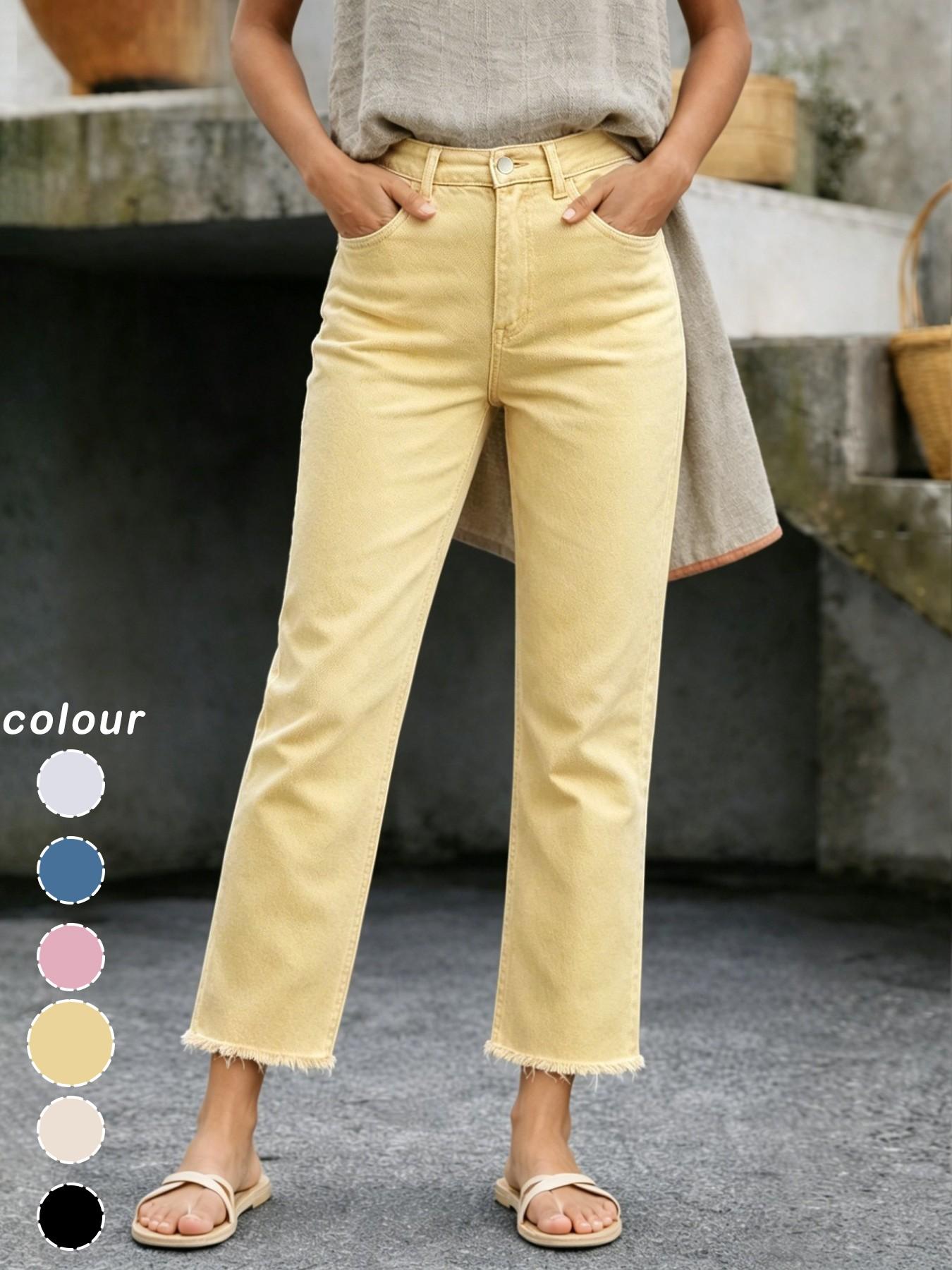 Women's Spring & Fall Slim-Fitting Denim Jeans, Casual Button Fly Pockets Design, Long Regular Fit, Versatile Commuter Pants