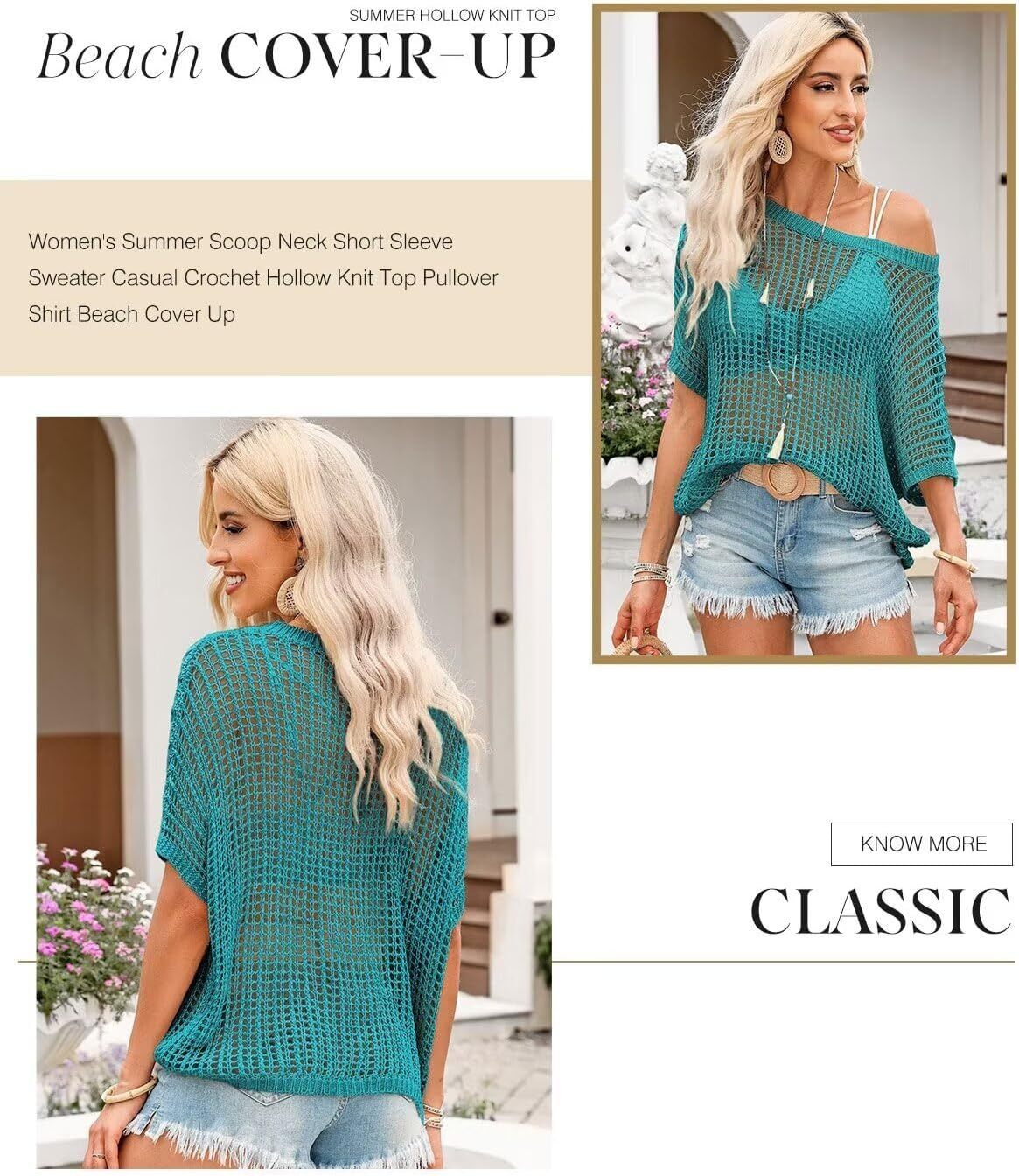 Womens Summer Scoop Neck Short Sleeve Sweater Casual Crochet Hollow Out Knit Tops Pullover Shirts Beach Coverup