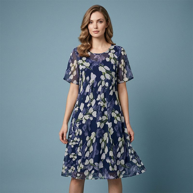 💎 90% OFF! 💎 Short-Sleeved A-Line Evening Dress – Elegant Floral Print, Double-Layer Chiffon & Flattering Knee-Length Cut 👗💙