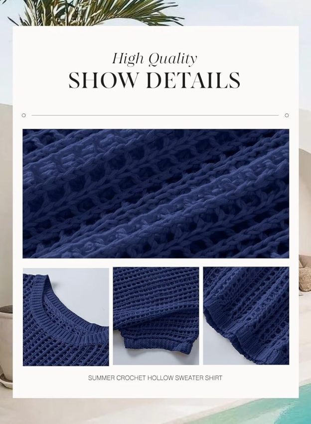 Womens Summer Scoop Neck Short Sleeve Sweater Casual Crochet Hollow Out Knit Tops Pullover Shirts Beach Coverup