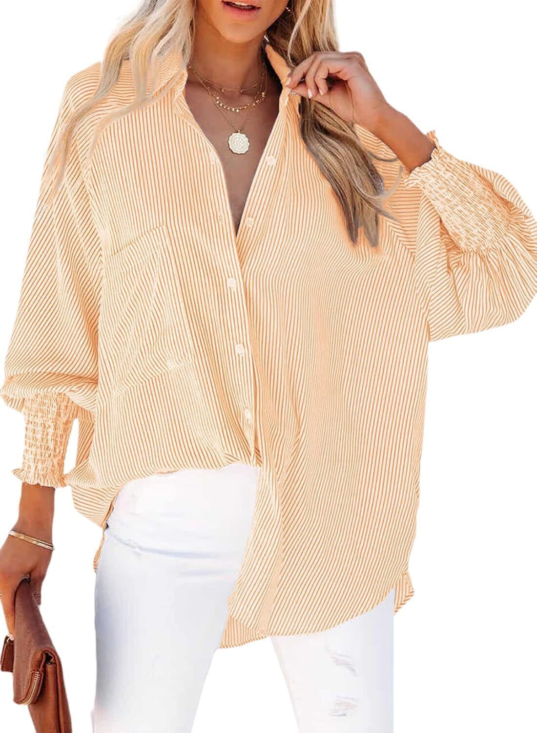 Women's Smocked Cuffed Striped Boyfriend Shirt with Pocket Casual Collar Long Sleeve Blouse Tops for Pocket Shirred