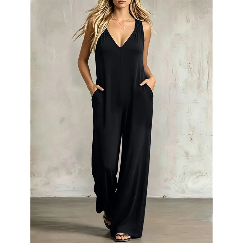 👗 90% OFF NOW! 🌊 Women's Effortless Summer V-Neck Jumpsuit – Relaxed Wide Leg, Deep Side Pockets & Attached Hood – Beach to Dinner Ready ☀️