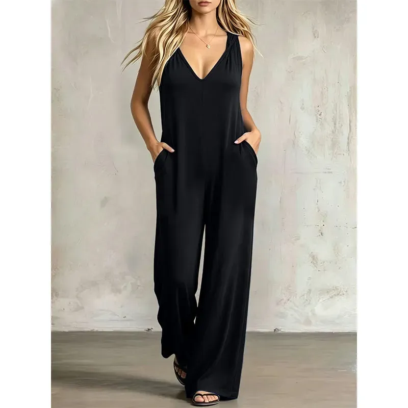 👗 90% OFF NOW! 🌊 Women's Effortless Summer V-Neck Jumpsuit – Relaxed Wide Leg, Deep Side Pockets & Attached Hood – Beach to Dinner Ready ☀️