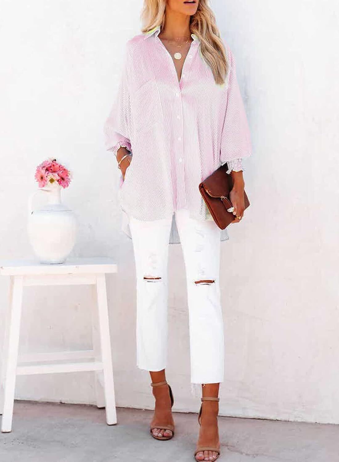 Women's Smocked Cuffed Striped Boyfriend Shirt with Pocket Casual Collar Long Sleeve Blouse Tops for Pocket Shirred