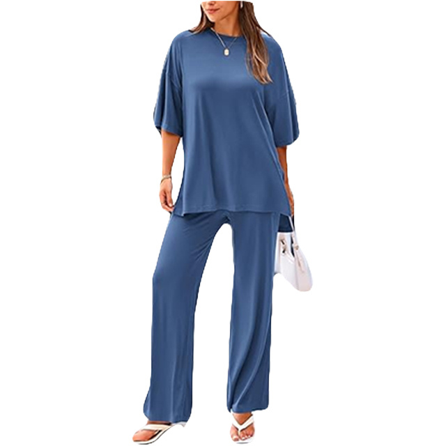 Womens 2 Piece Outfits 2025 Summer Casual Loose Short Sleeve Pullover Tops & Wide Leg Pants Lounge Sets Tracksuit