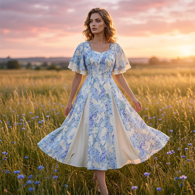 📢📢90% OFF !! ⏰Ethereal Flutter Sleeve Fit-and-Flare Dress