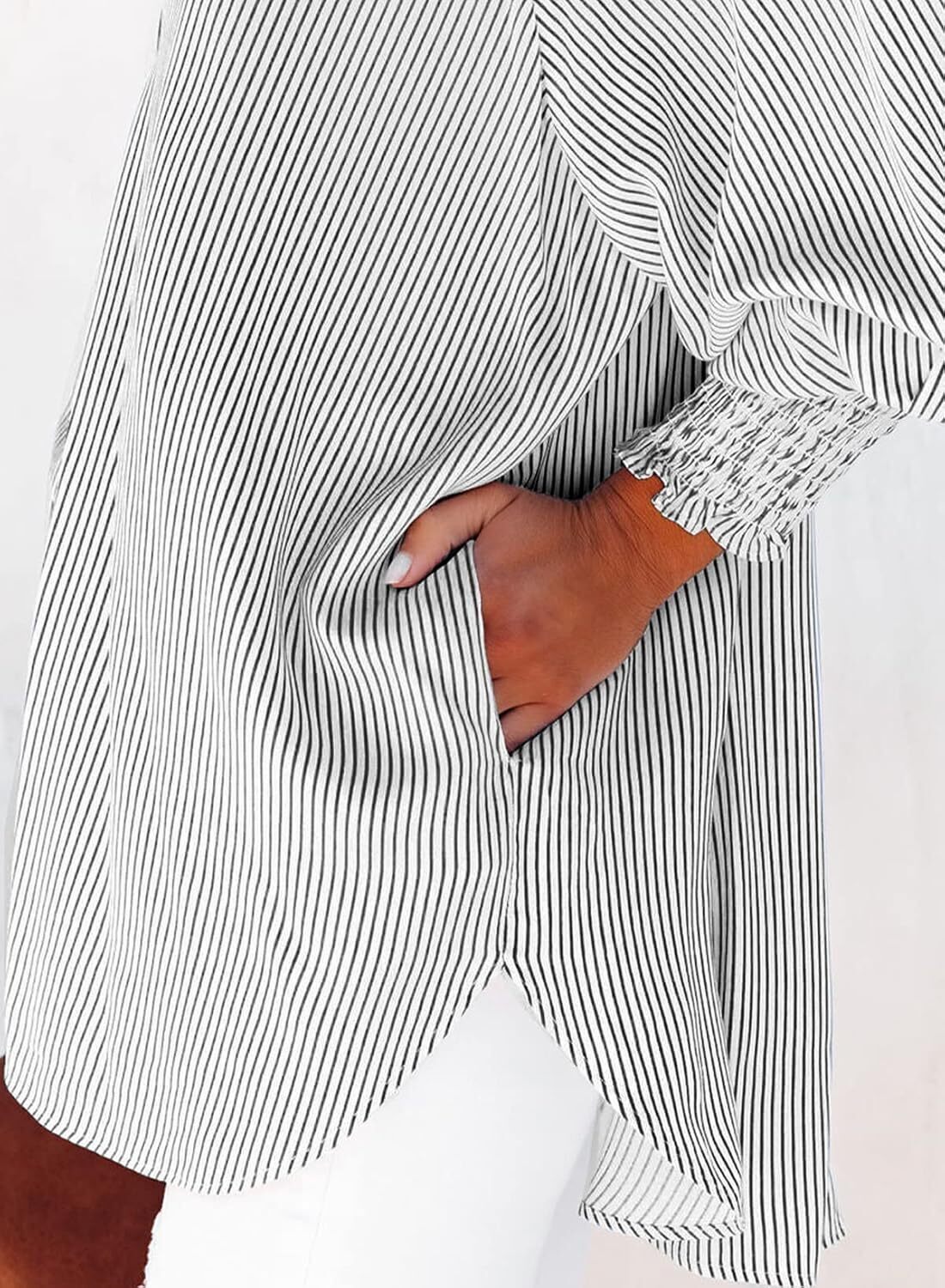 Women's Smocked Cuffed Striped Boyfriend Shirt with Pocket Casual Collar Long Sleeve Blouse Tops for Pocket Shirred