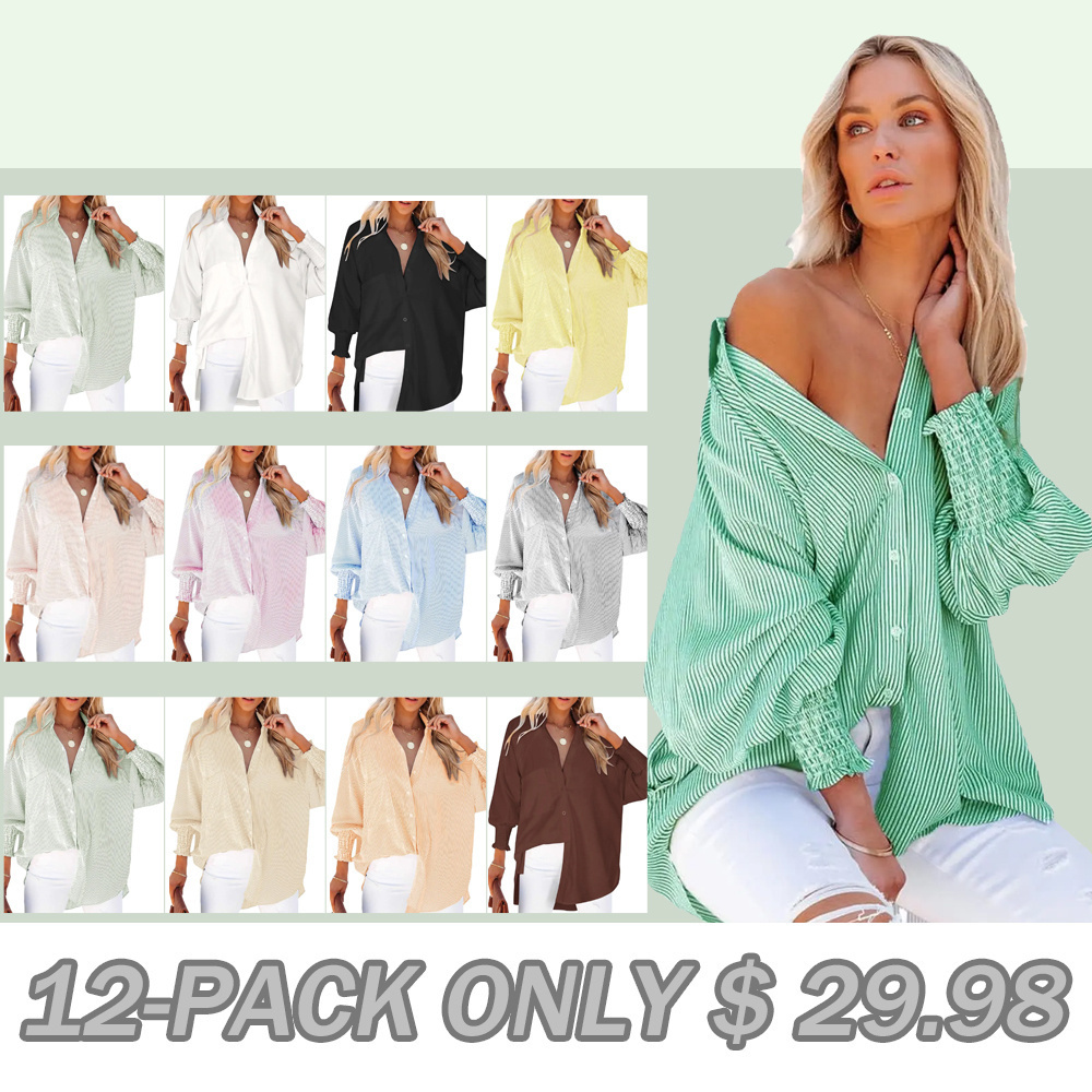 Women's Smocked Cuffed Striped Boyfriend Shirt with Pocket Casual Collar Long Sleeve Blouse Tops for Pocket Shirred