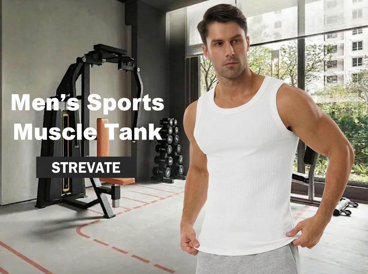 STREVATE Men&rsquo;s Wide Strap Ribbed Tank Top, High Stretch Breathable Muscle Tank, Heavyweight Drapey Fit Gym & Casual Sleeveless Shirt