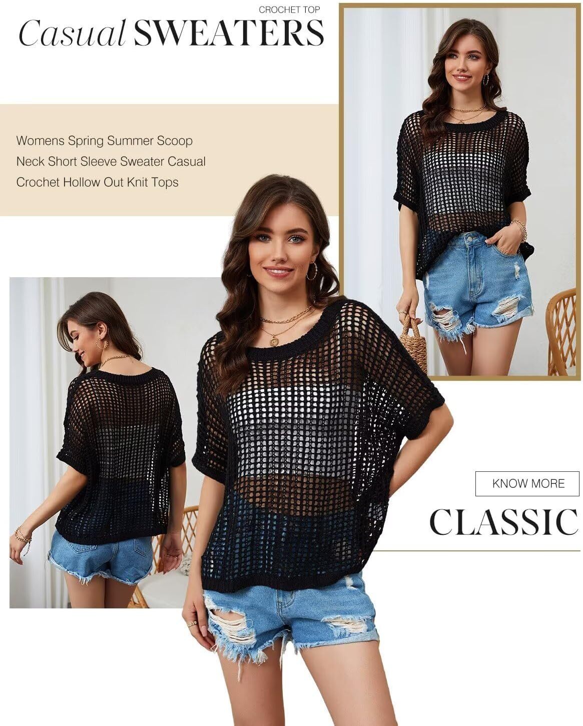 Womens Summer Scoop Neck Short Sleeve Sweater Casual Crochet Hollow Out Knit Tops Pullover Shirts Beach Coverup