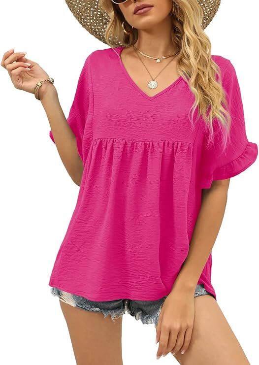 Womens Tops Casual V Neck Ruffle Sleeve T Shirts Babydoll Loose Fit Peplum Tops