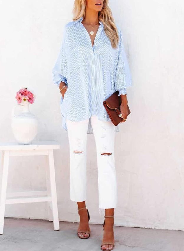 Women's Smocked Cuffed Striped Boyfriend Shirt with Pocket Casual Collar Long Sleeve Blouse Tops for Pocket Shirred