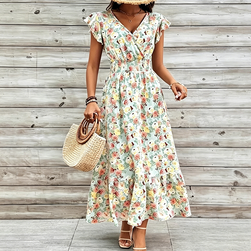 📢📢90% OFF !! ⏰Women's Floral V-Neck Smocked Waist Dress