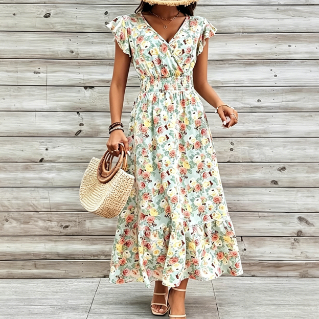 📢📢90% OFF !! ⏰Women's Floral V-Neck Smocked Waist Dress