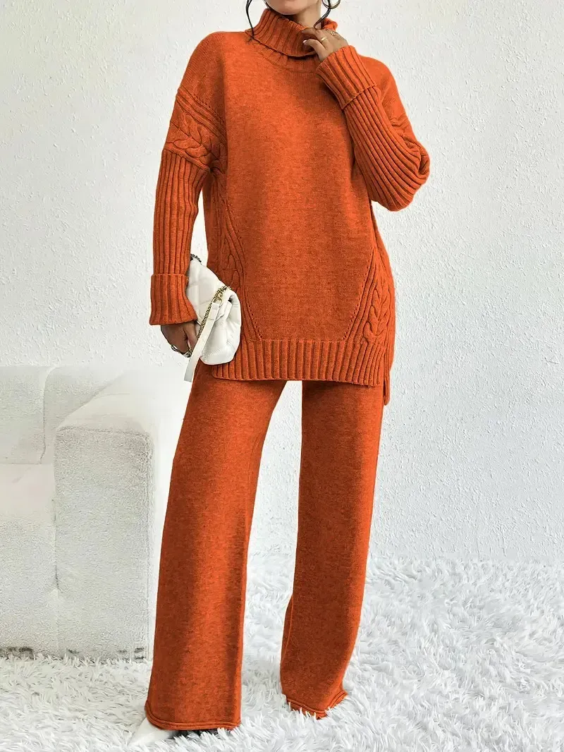 Two-Piece Set Women's Textured Split High Low Hem Sweater & Wide Leg Knitting Pants