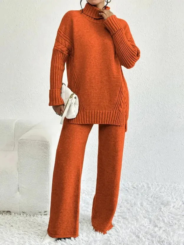 Two-Piece Set Women's Textured Split High Low Hem Sweater & Wide Leg Knitting Pants