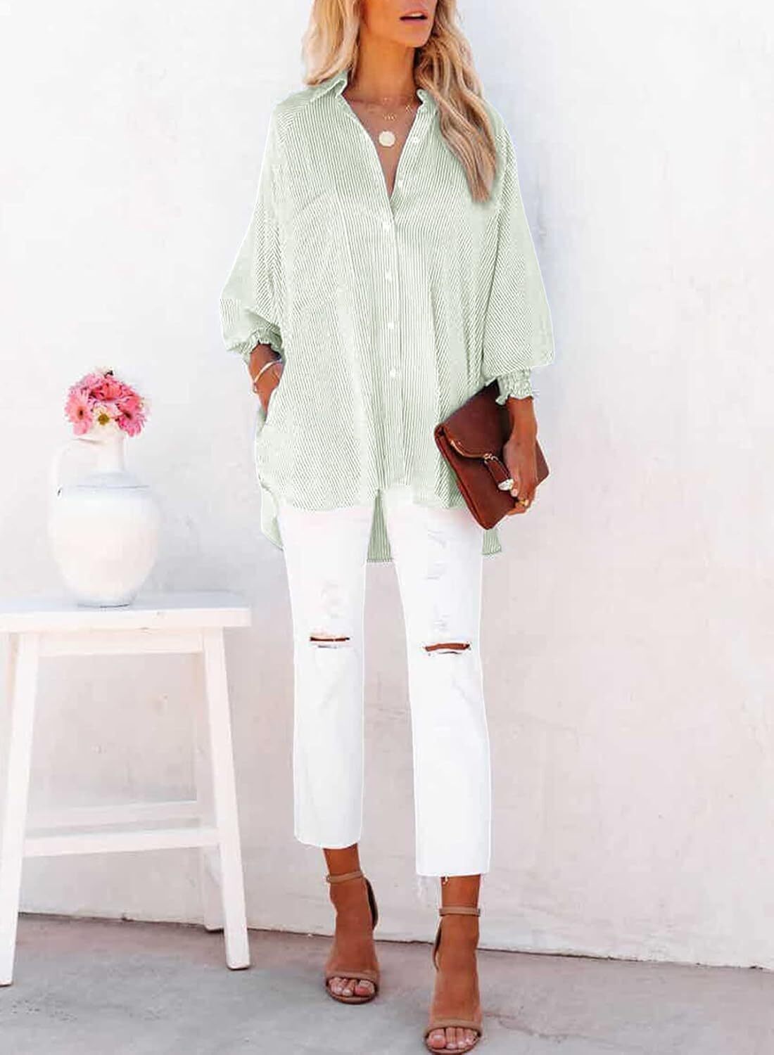 Women's Smocked Cuffed Striped Boyfriend Shirt with Pocket Casual Collar Long Sleeve Blouse Tops for Pocket Shirred