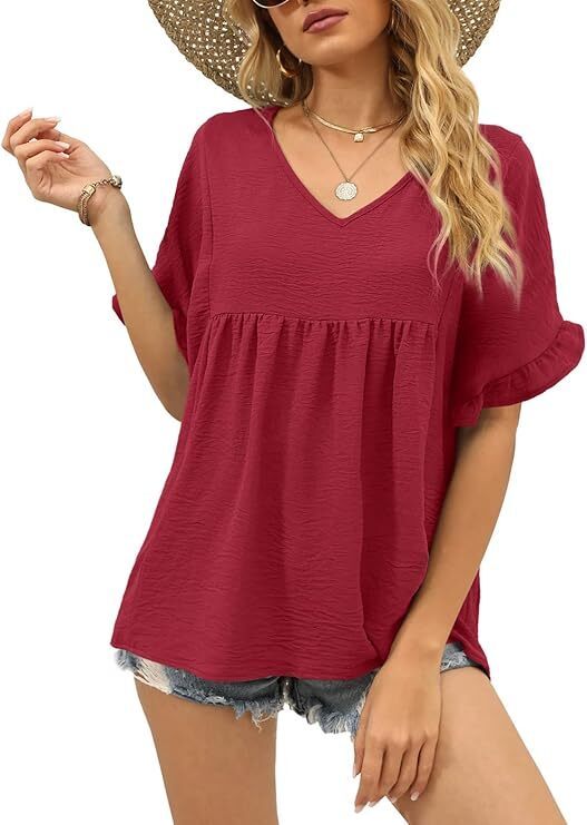 Womens Tops Casual V Neck Ruffle Sleeve T Shirts Babydoll Loose Fit Peplum Tops