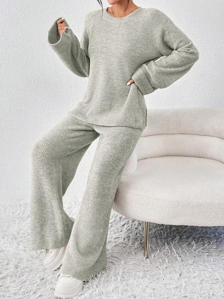 Women's Raglan Sleeve Split Sweater & Elastic Waist Pants Set, Basic Round Neck Top & Pants Sweater Set, Women's Autumn & Winter Clothing for Daily Wear. Women's Raglan Sleeve Split Sweater & Elastic Waist Pants Set, Basic Round Neck Top & Pants Sweater Set, Women's Autumn & Winter Clothing for Daily Wear.