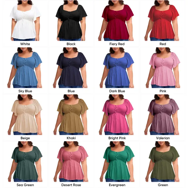 Women Plus Size Sweetheart Neck Short Sleeve Shirred Peplum Blouse Tops Shirts(1X-5X)