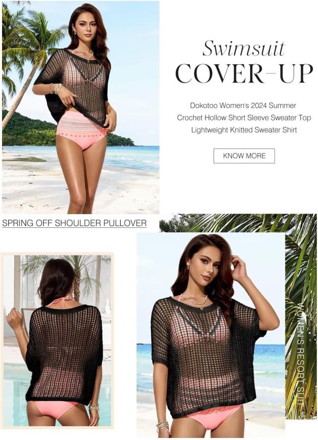Womens Summer Scoop Neck Short Sleeve Sweater Casual Crochet Hollow Out Knit Tops Pullover Shirts Beach Coverup