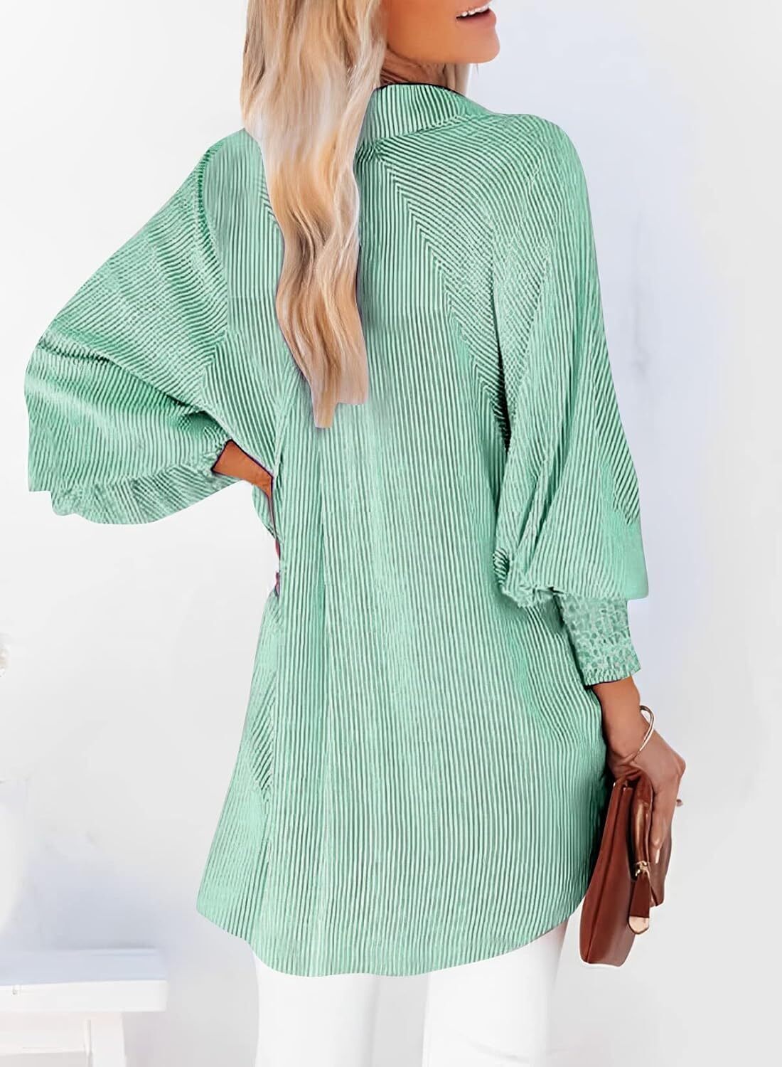 Women's Smocked Cuffed Striped Boyfriend Shirt with Pocket Casual Collar Long Sleeve Blouse Tops for Pocket Shirred