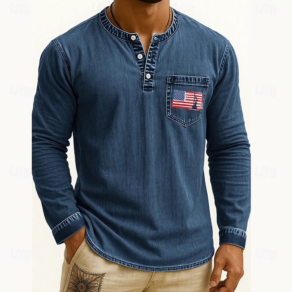 Men's Henley Shirt Tee Tee Top Long Sleeve Shirt Long Sleeve Henley Fall Winter Flag Retro Fashion Designer Fashion Vintage Vacation Street Going out Dark Brown Navy Black Top Tee for Men 2025 - $35.99 –P7