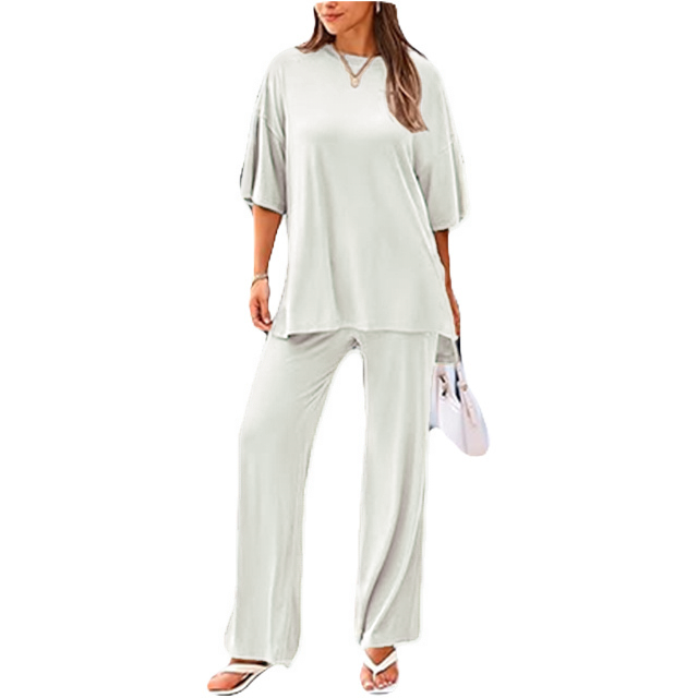 Womens 2 Piece Outfits 2025 Summer Casual Loose Short Sleeve Pullover Tops & Wide Leg Pants Lounge Sets Tracksuit