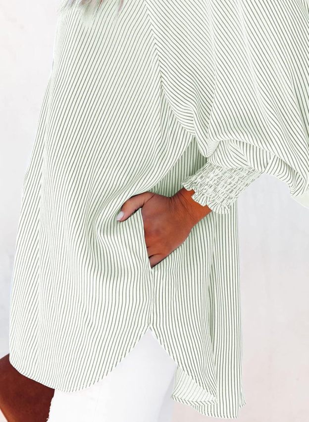 Women's Smocked Cuffed Striped Boyfriend Shirt with Pocket Casual Collar Long Sleeve Blouse Tops for Pocket Shirred
