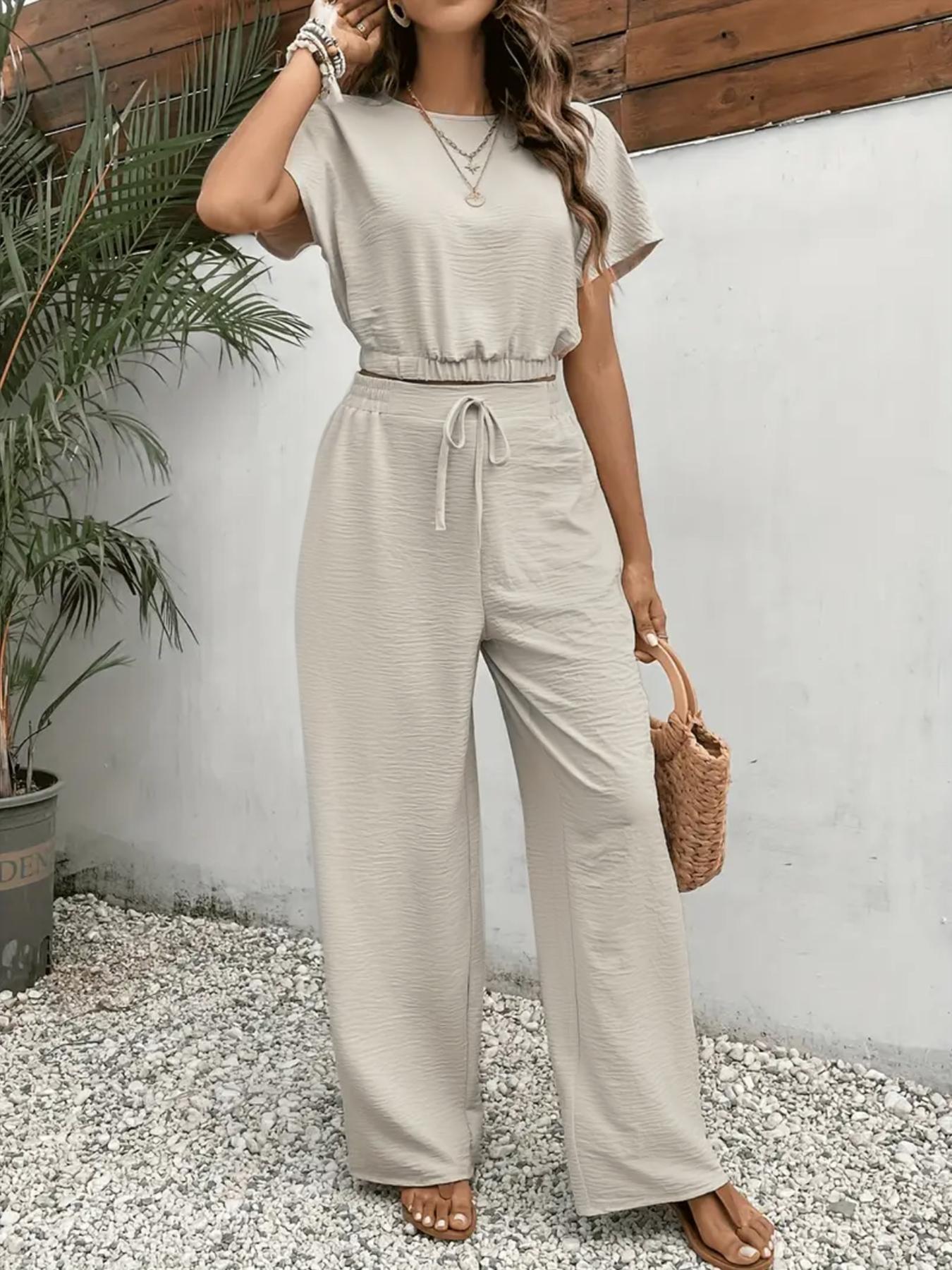 Women's Solid Color Fitted Top & Wide Leg Pants Two-piece Set, Casual Round Neck Top & Drawstring Waist Trousers for Summer, Ladies Clothes for Daily Wear, Womenswear