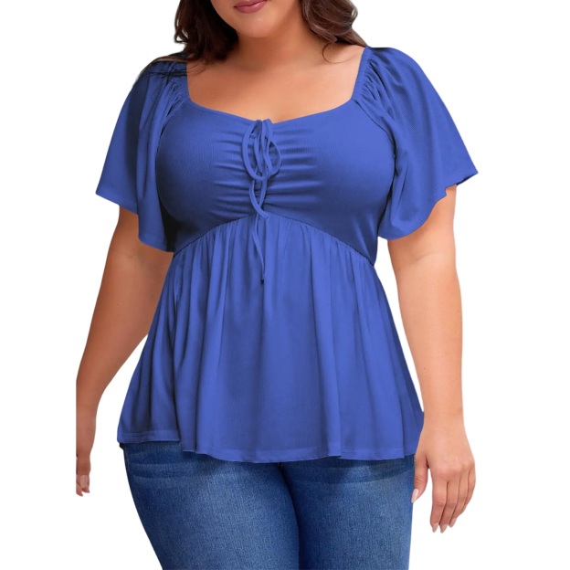 Women Plus Size Sweetheart Neck Short Sleeve Shirred Peplum Blouse Tops Shirts(1X-5X)