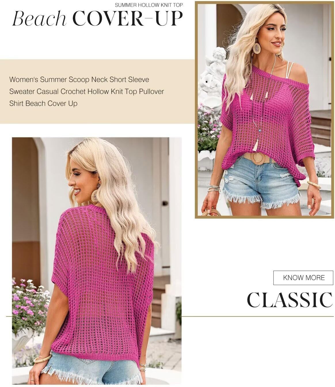 Womens Summer Scoop Neck Short Sleeve Sweater Casual Crochet Hollow Out Knit Tops Pullover Shirts Beach Coverup