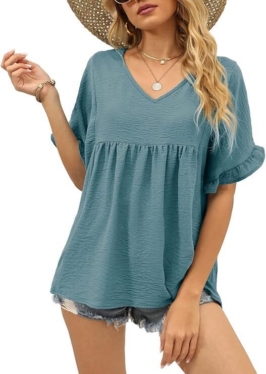 Womens Tops Casual V Neck Ruffle Sleeve T Shirts Babydoll Loose Fit Peplum Tops