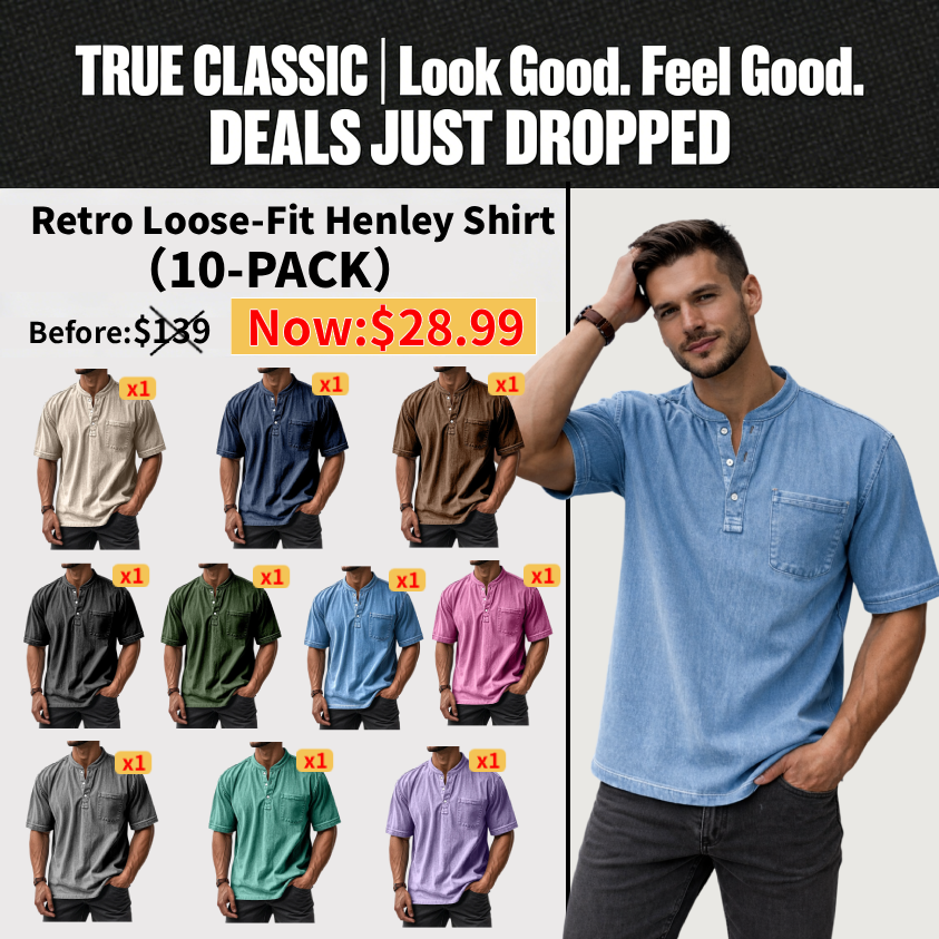  Men's Casual Solid Color Vintage Loose Pocket Short Sleeve Button-down Henley Shirt