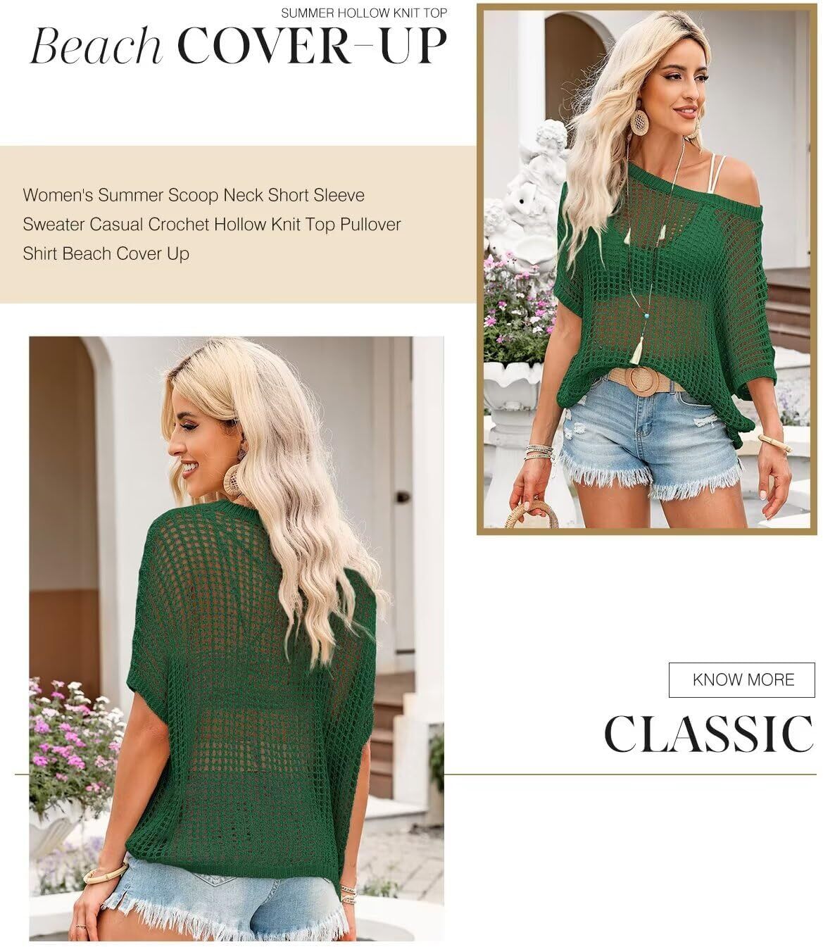 Womens Summer Scoop Neck Short Sleeve Sweater Casual Crochet Hollow Out Knit Tops Pullover Shirts Beach Coverup