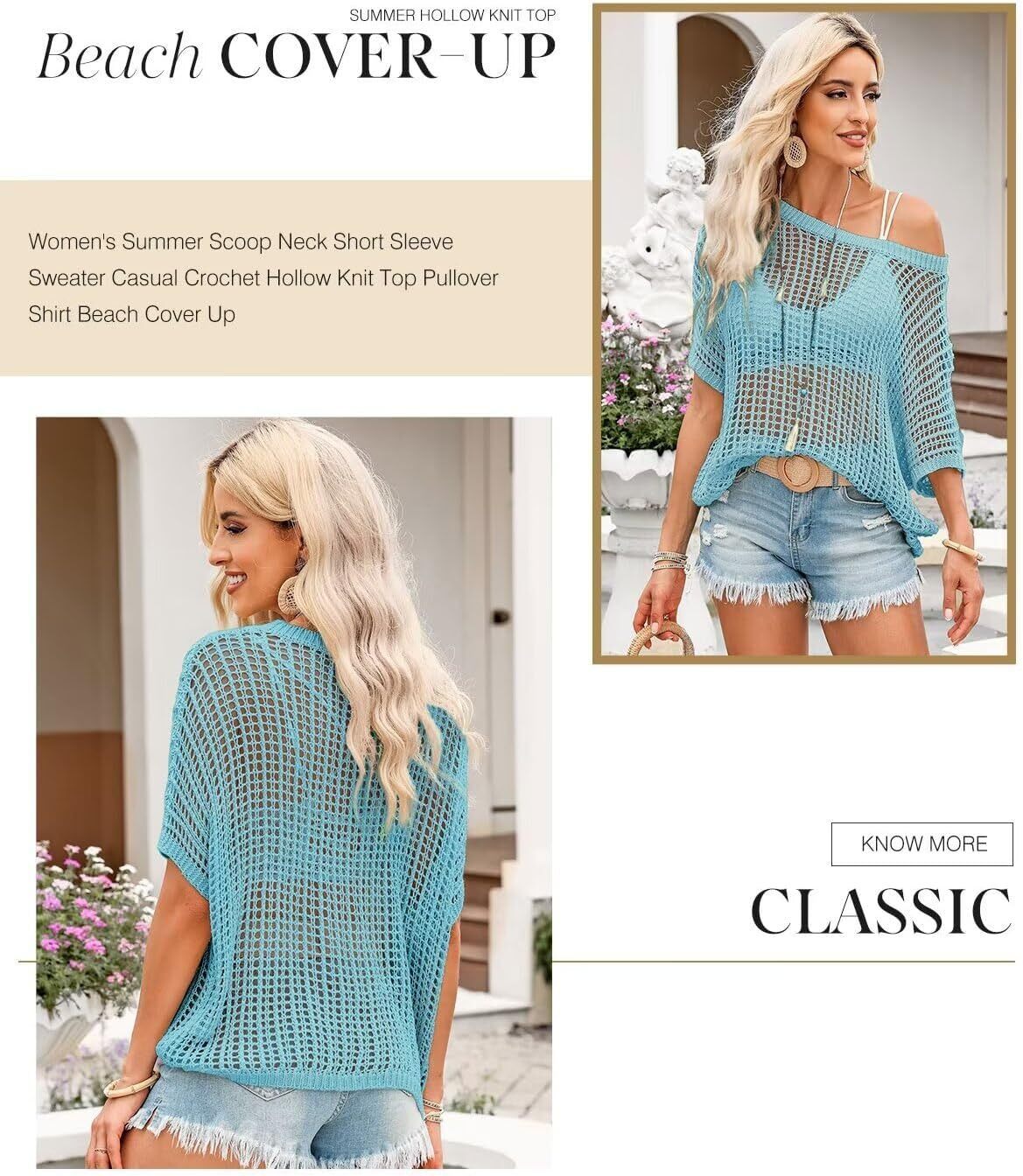 Womens Summer Scoop Neck Short Sleeve Sweater Casual Crochet Hollow Out Knit Tops Pullover Shirts Beach Coverup
