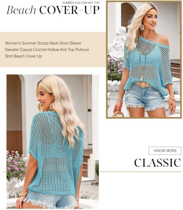 Womens Summer Scoop Neck Short Sleeve Sweater Casual Crochet Hollow Out Knit Tops Pullover Shirts Beach Coverup
