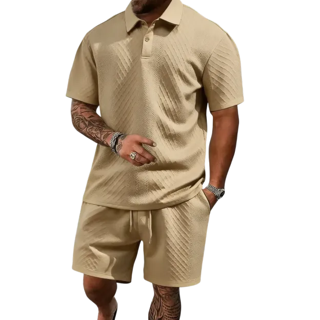 Men's summer casual texture fabric solid color polo shirt T-shirt shorts 2-piece set