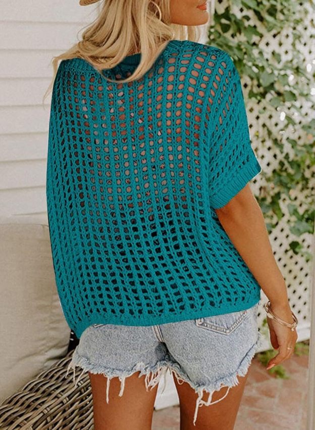 Womens Summer Scoop Neck Short Sleeve Sweater Casual Crochet Hollow Out Knit Tops Pullover Shirts Beach Coverup