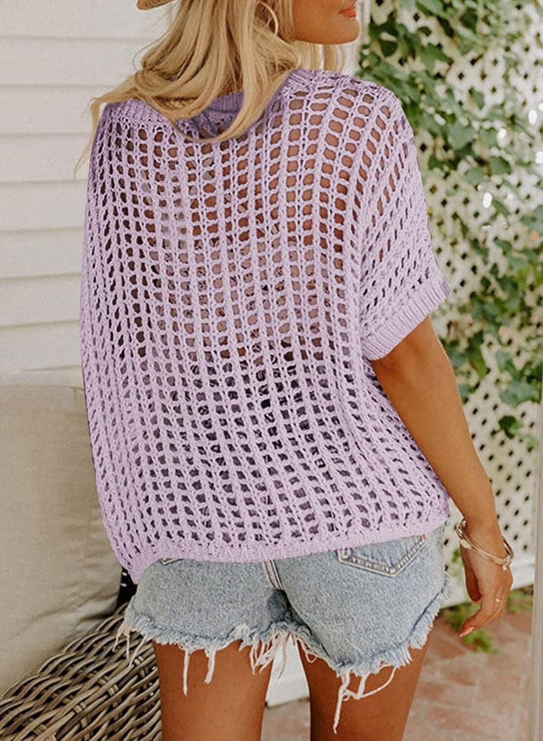 Womens Summer Scoop Neck Short Sleeve Sweater Casual Crochet Hollow Out Knit Tops Pullover Shirts Beach Coverup