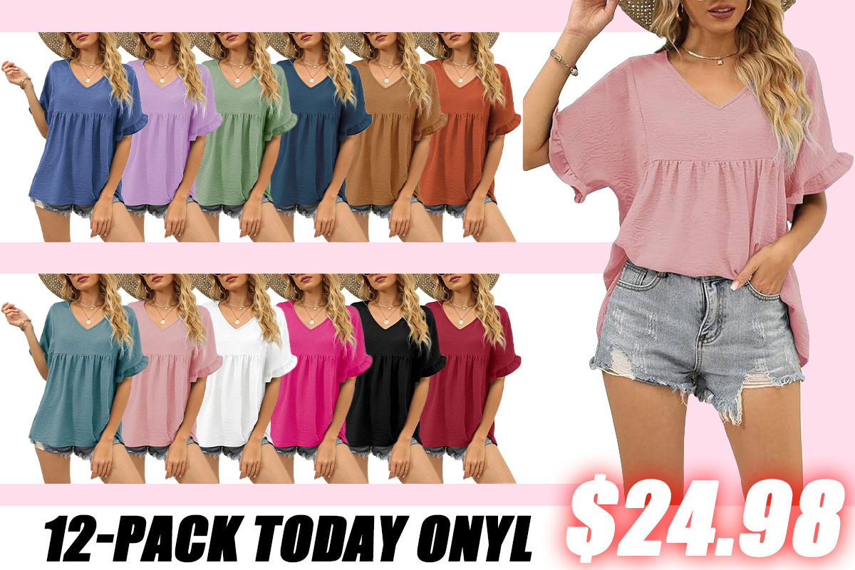 Womens Tops Casual V Neck Ruffle Sleeve T Shirts Babydoll Loose Fit Pe