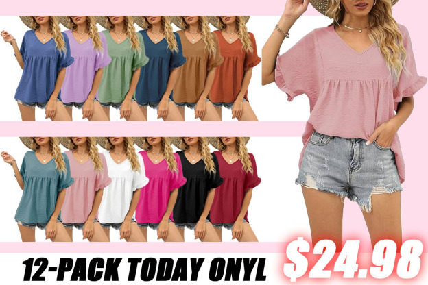 Womens Tops Casual V Neck Ruffle Sleeve T Shirts Babydoll Loose Fit Peplum Tops